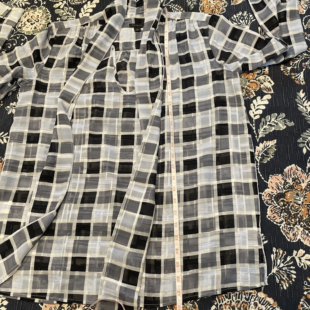 Ann Taylor Sheer Blouse Small Blue Plaid Tie Neck Long Sleeve Office Workwear - Picture 12 of 16